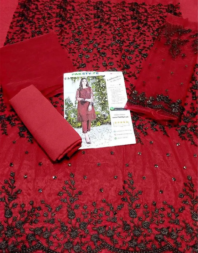2 Pcs Women’s Unstitched Embroidered Chiffon & Linen Suit – Embroidered Shirt & Plain Trouser (2.5m Each, Red)