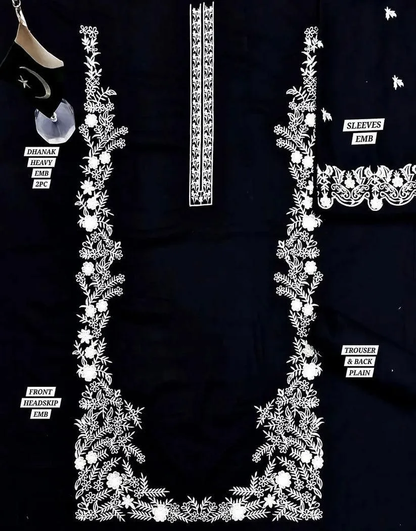 2 Pcs Women’s Unstitched Embroidered Chiffon & Linen Suit – Embroidered Shirt & Plain Trouser (2.5m Each, Black)