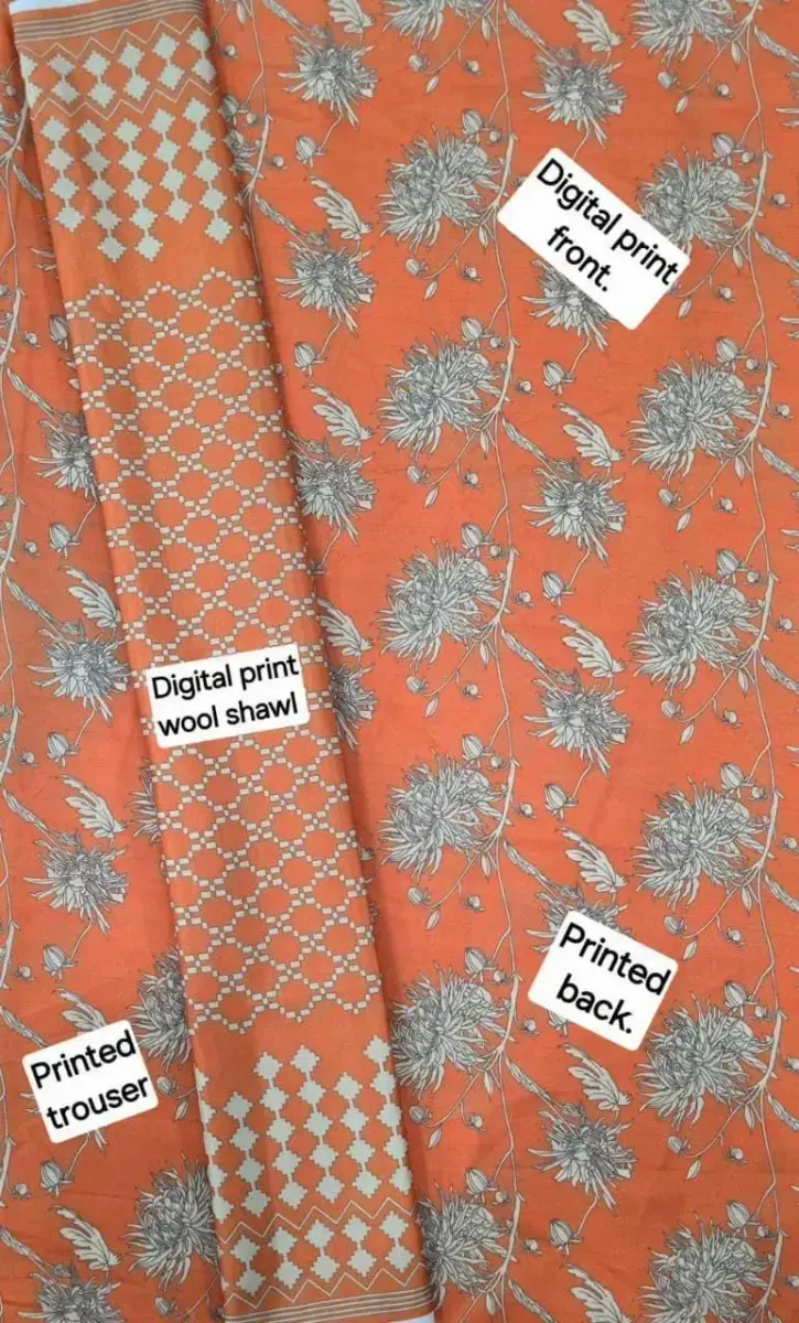 3 Pcs Women’s Unstitched Printed Dhanak & Chiffon Suit – Digital Print Shirt, Plain Trouser & Printed Dupatta (2.5m Each, Multicolor)