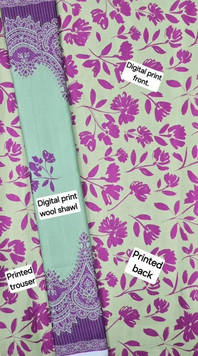 3 Pcs Women’s Unstitched Printed Dhanak & Chiffon Suit – Digital Print Shirt, Plain Trouser & Printed Dupatta (2.5m Each, Multicolor)