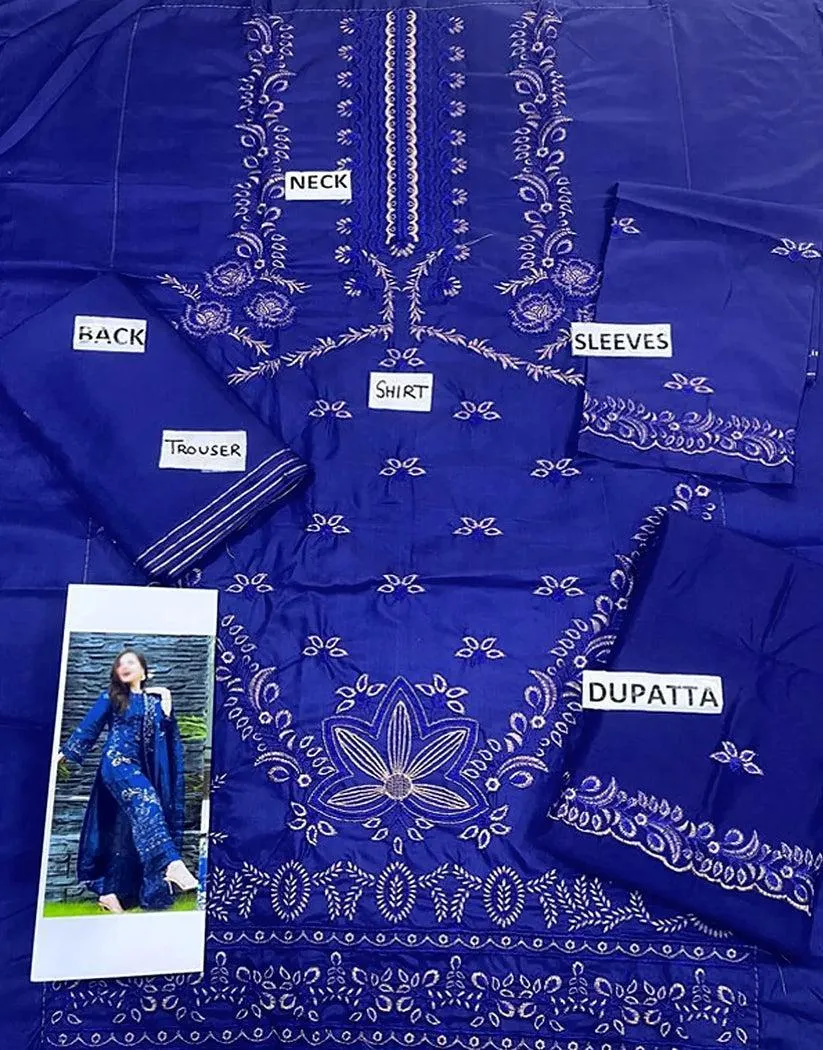 3 Pcs Women’s Unstitched Embroidered Chiffon Suit – Embroidered Shirt, Plain Trouser & Dupatta (2.5m Each, Multicolor)