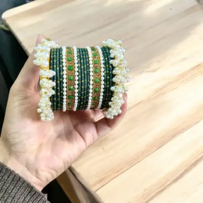 18 Pcs Women’s Metal Gold Plated Crystal Kara Bangle Set Modern Design Green Size 2.25