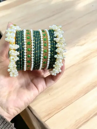 18 Pcs Women’s Metal Gold Plated Crystal Kara Bangle Set Modern Design Green Size 2.25
