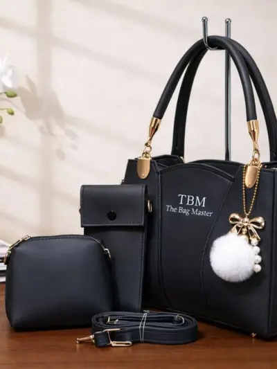 TBM The Bag Master Women’s 3-Piece Rexine Handbag Set – Plain Design, Top Handle, Everyday Carry (11 × 9 in)