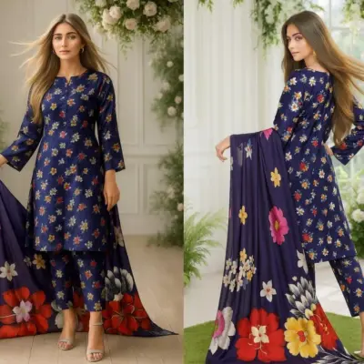 Blue 3-Piece Women’s Unstitched Printed Lawn Suit – Shirt, Trouser & Digital Print Dupatta