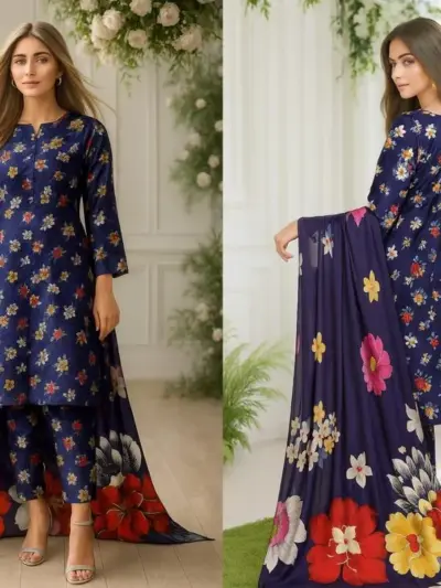 Blue 3-Piece Women’s Unstitched Printed Lawn Suit – Shirt, Trouser & Digital Print Dupatta