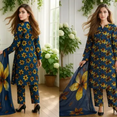 Blue 3-Piece Women’s Unstitched Printed Lawn Suit – Shirt, Trouser & Digital Print Dupatta