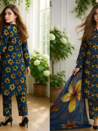 Blue 3-Piece Women’s Unstitched Printed Lawn Suit – Shirt, Trouser & Digital Print Dupatta