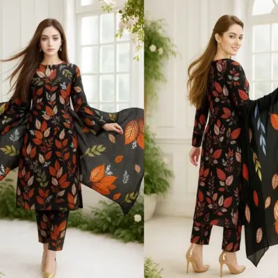 Black 3-Piece Women’s Unstitched Printed Lawn Suit – Shirt, Trouser & Digital Print Dupatta