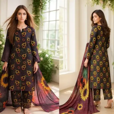 Brown 3-Piece Women’s Unstitched Printed Lawn Suit – Shirt, Trouser & Digital Print Dupatta