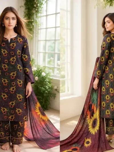 Brown 3-Piece Women’s Unstitched Printed Lawn Suit – Shirt, Trouser & Digital Print Dupatta