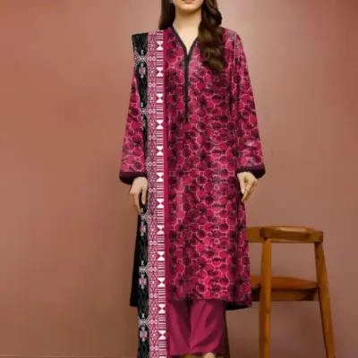 Women’s 3-Piece Unstitched Printed Maroon Dobby Lawn Suit – Shirt, Dupatta & Trouser (3.0m / 2.5m / 2.5m)