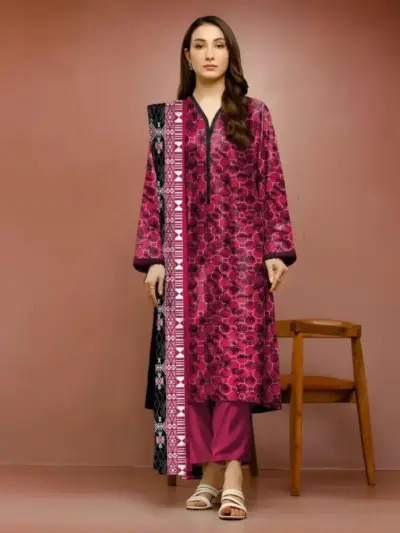 Women’s 3-Piece Unstitched Printed Maroon Dobby Lawn Suit – Shirt, Dupatta & Trouser (3.0m / 2.5m / 2.5m)