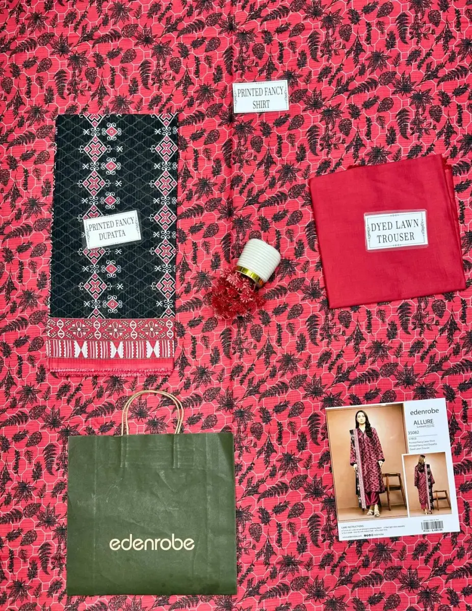 Women’s 3-Piece Unstitched Printed Maroon Dobby Lawn Suit – Shirt, Dupatta & Trouser (3.0m / 2.5m / 2.5m)