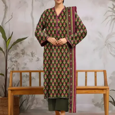 Women’s 3-Piece Unstitched Printed Green Dobby Lawn Suit – Shirt, Dupatta & Trouser (3.0m / 2.5m / 2.5m)