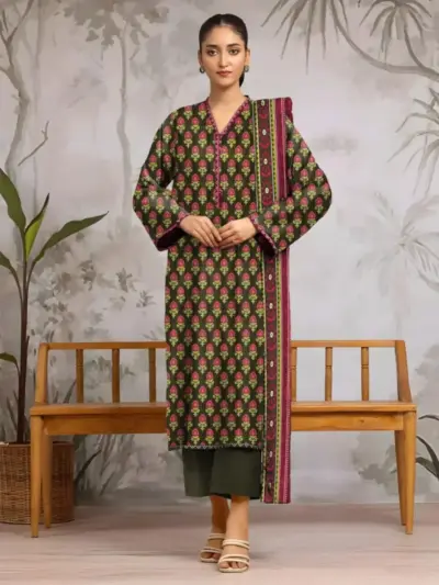 Women’s 3-Piece Unstitched Printed Green Dobby Lawn Suit – Shirt, Dupatta & Trouser (3.0m / 2.5m / 2.5m)