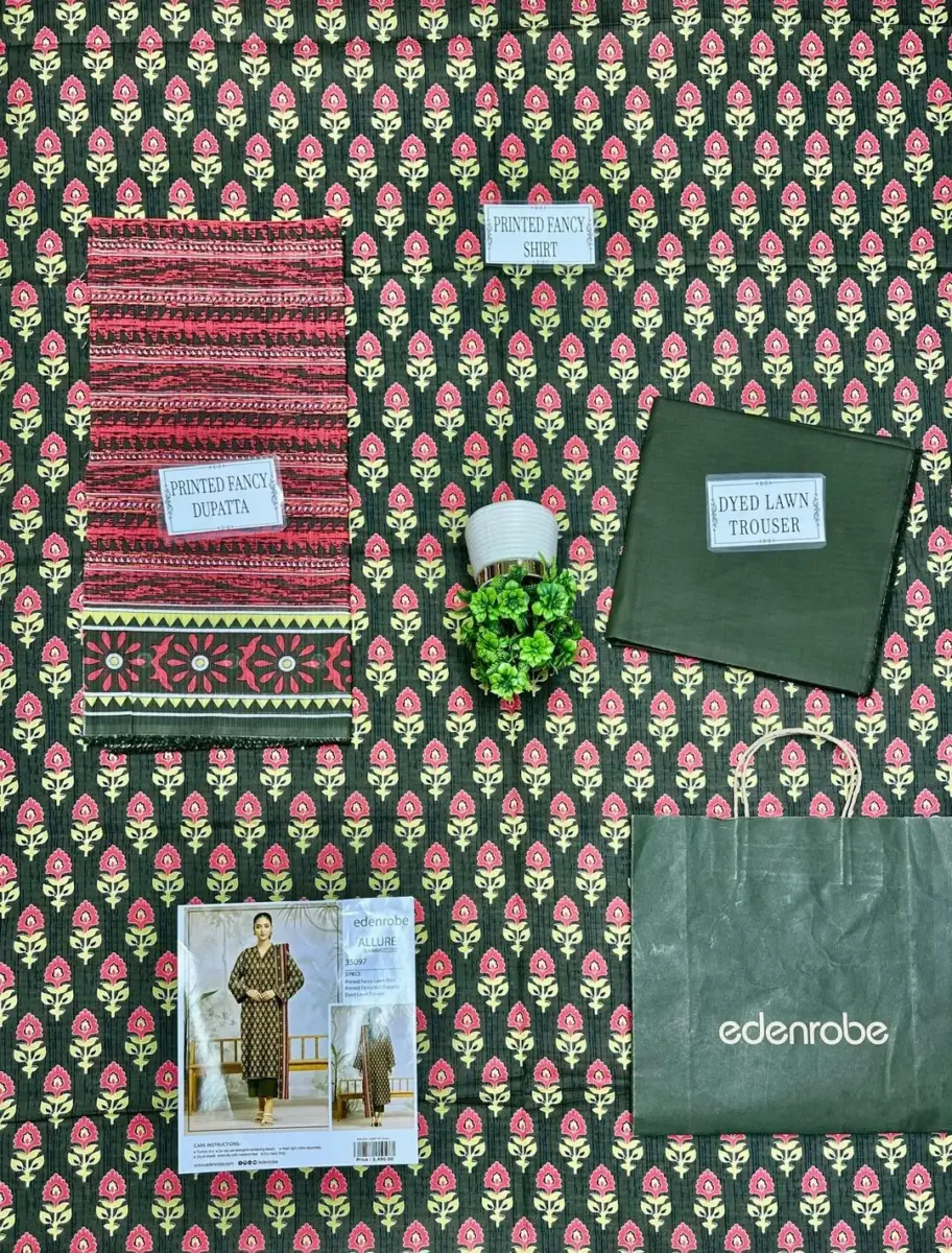 Women’s 3-Piece Unstitched Printed Green Dobby Lawn Suit – Shirt, Dupatta & Trouser (3.0m / 2.5m / 2.5m)