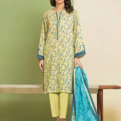 Women’s 3-Piece Unstitched Printed Yellow Dobby Lawn Suit – Shirt, Dupatta & Trouser (3.0m / 2.5m / 2.5m)