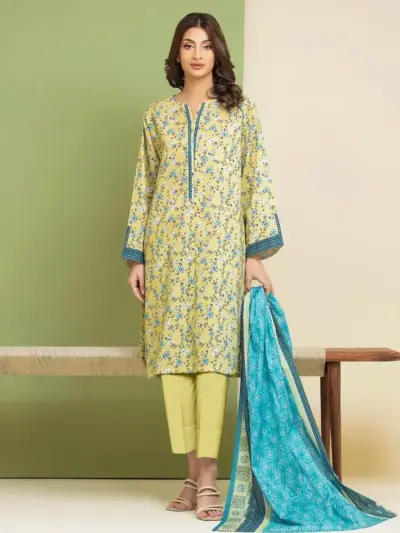 Women’s 3-Piece Unstitched Printed Yellow Dobby Lawn Suit – Shirt, Dupatta & Trouser (3.0m / 2.5m / 2.5m)