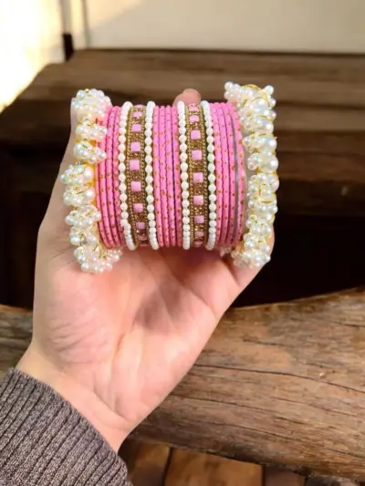 18 Pcs Women’s Metal Gold Plated Crystal Kara Bangle Set Modern Design Pink Size 2.25