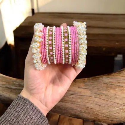 18 Pcs Women’s Metal Gold Plated Crystal Kara Bangle Set Modern Design Pink Size 2.25
