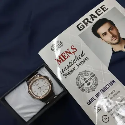 Men’s Unstitched Wash and Wear Plain Suit – Blue, 4 Meter Fabric with Free Chain Watch