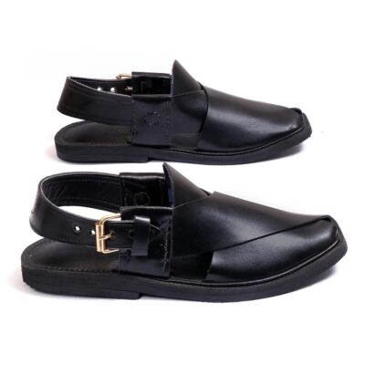 Men's Leather Plain Peshawari Chappal – Black