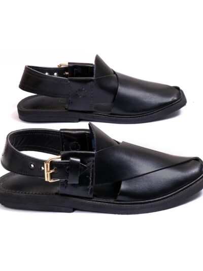Men's Leather Plain Peshawari Chappal – Black