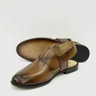 Men's Brown Leather Plain Peshawari Chappal – Handcrafted with Leather Sole (Sizes 40–45)