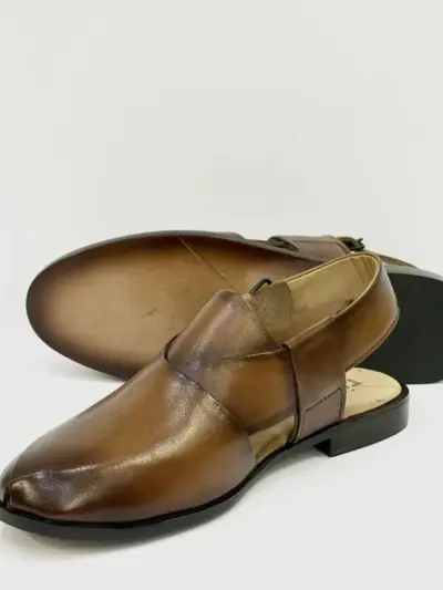 Men's Brown Leather Plain Peshawari Chappal – Handcrafted with Leather Sole (Sizes 40–45)