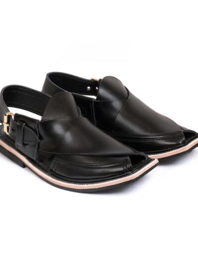 Men's Leather Plain Peshawari Chappal – Black