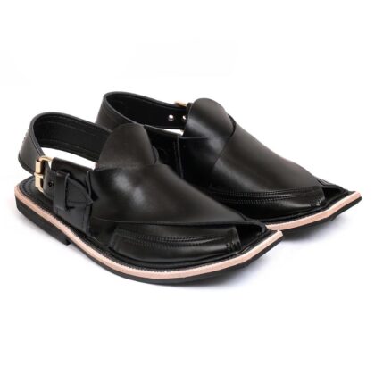Men's Leather Plain Peshawari Chappal – Black