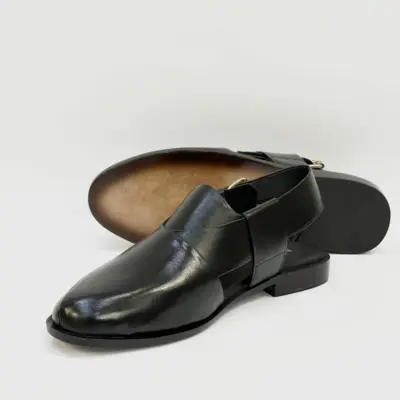 Men's Leather Plain Peshawari Chappal – Black (Semi-Formal)