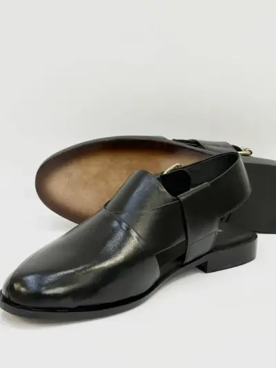 Men's Leather Plain Peshawari Chappal – Black (Semi-Formal)