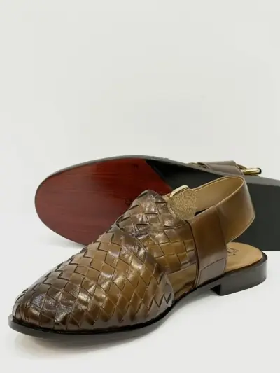 Men's Leather Textured Peshawari Chappal – Brown (Semi-Formal)