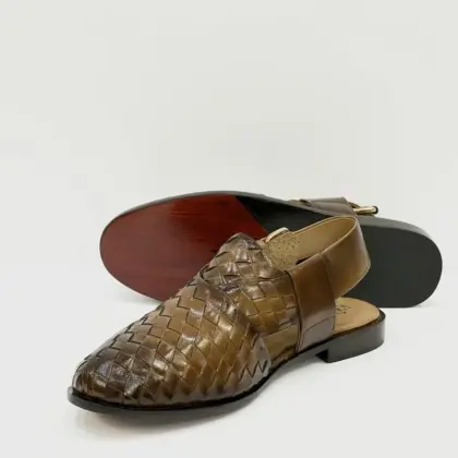 Men's Leather Textured Peshawari Chappal – Brown (Semi-Formal)