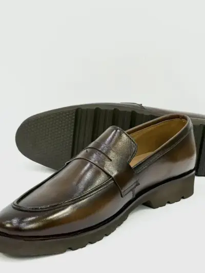 Men’s Leather Casual Loafers – Handcrafted Brown Plain Design