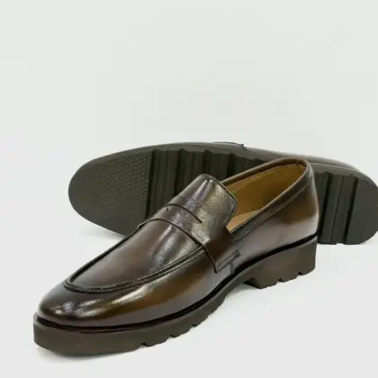 Men’s Leather Casual Loafers – Handcrafted Brown Plain Design