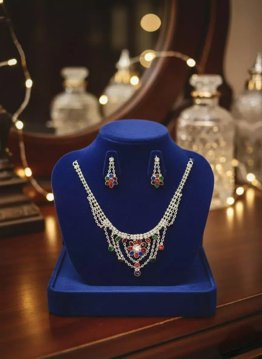 Modern Design Women’s Silver Plated Crystal Necklace Set Multicolor