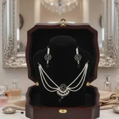 Modern Design Women’s Silver Plated Crystal Necklace Set Black