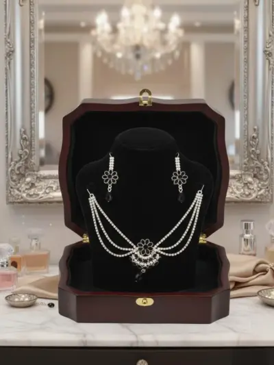 Modern Design Women’s Silver Plated Crystal Necklace Set Black