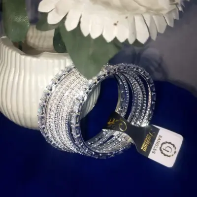 Set of 6 Gold-Plated Bangles with White & Clear Crystal Stones for Women