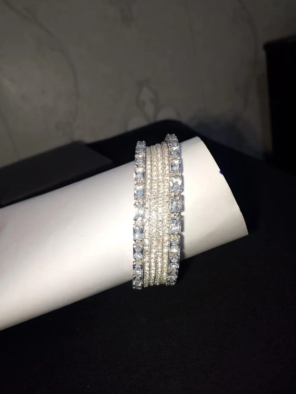 Set of 6 Gold-Plated Bangles with White & Clear Crystal Stones for Women