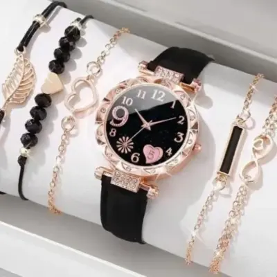 6 Pcs Heart Design Gold Plated Beads Chain Bracelet for Women – Black