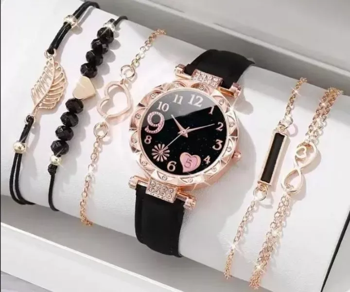 6 Pcs Heart Design Gold Plated Beads Chain Bracelet for Women – Black