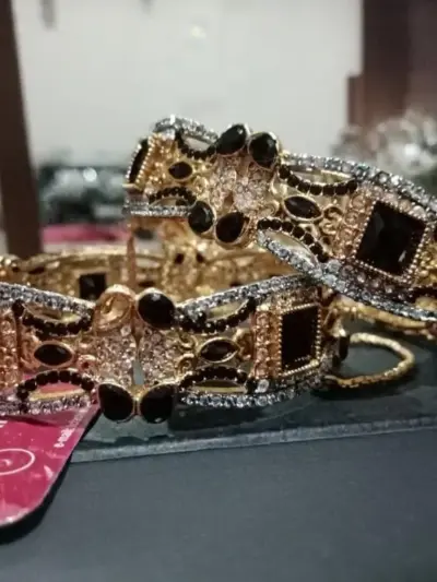 2 Pcs Antique Design Gold Plated Artificial Stones Kara Bangle for Women – Multicolor