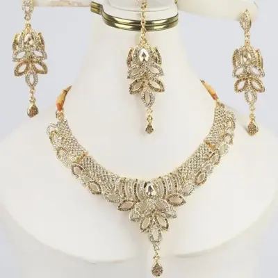 Badam Patti Golden Necklace Set with Earrings, Bindia and Dori – Artificial Casting Jewelry Set