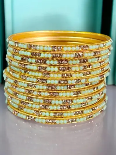 12 Pcs Women’s Metal Gold Plated Crystal Kara Bangle Set Funky Design Green Standard Size