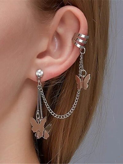 Butterfly Hanging Silver Ear Cuffs for Women – Alloy, Standard Size