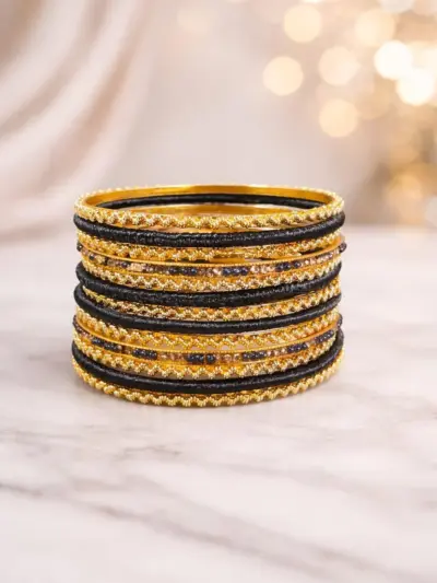12 Pcs Women’s Metal Gold Plated Crystal Kara Bangle Set Funky Design Black Standard Size